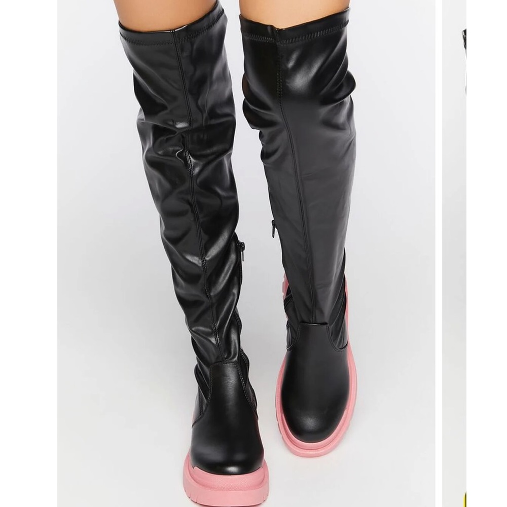 New Glam Pink & Black Over the Knee Boots